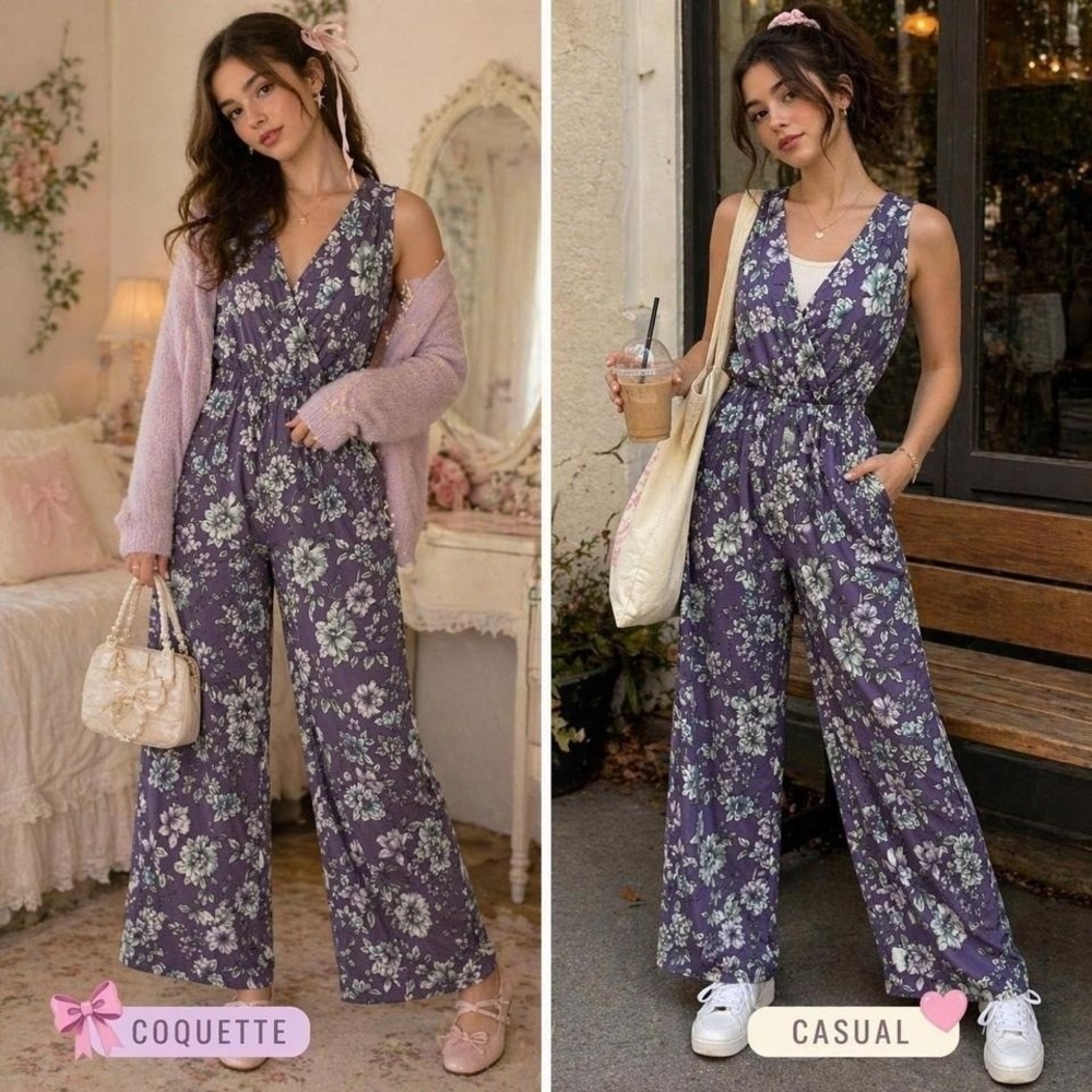 Miami Purple Floral Wide Leg Jumpsuit Sz S Boho Cottagecore Spring Flowy Romper